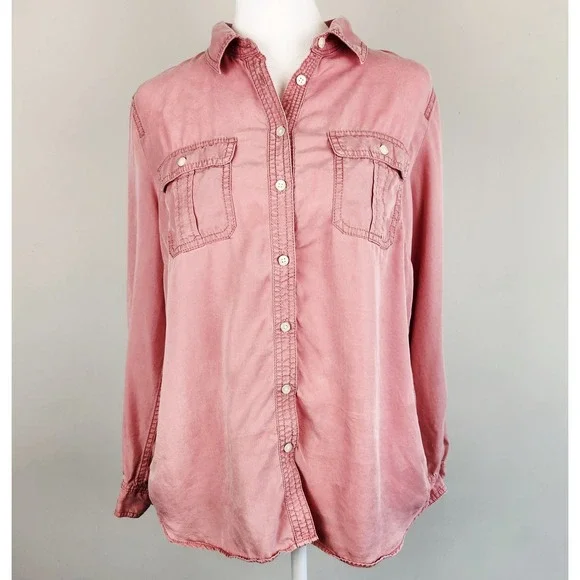 Talbots Button Up Blouse Women's Large Petite Dusty Pink Roll Tab Sleeve Pockets - Picture 1 of 9